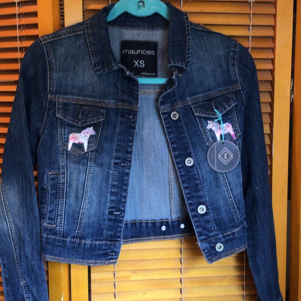 Maurices Dark Blue Denim Jacket with Embroidered Pony Accents
